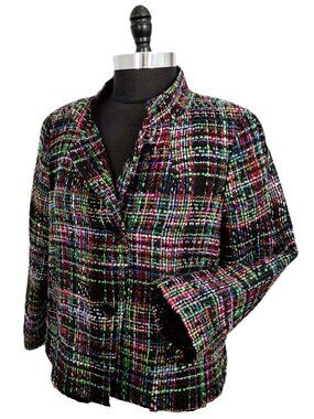 Talbots Sz 14 Petite Nehru Cropped Wool Blend Blazer Multi-Color Textured Tweed